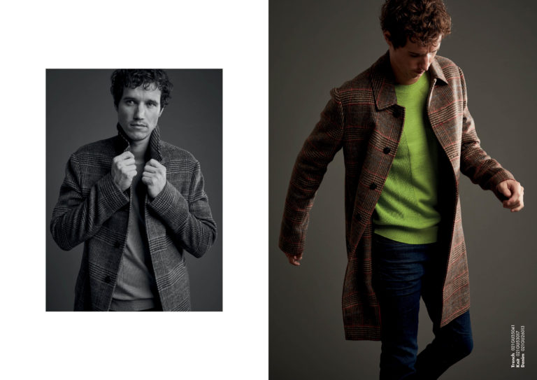 Gaudì Menswear FW21 lookbook: brown herringbone wool coat over lime green crew-neck sweater with dark denim – Leonardo Del Paggio, menswear designer