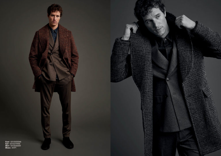 Gaudì Menswear FW21 lookbook: tonal brown suit with brown shirt, grey glen check overcoat with scarf – Leonardo Del Paggio, menswear designer
