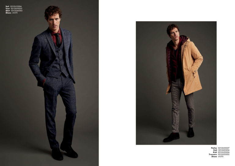 Gaudì Menswear FW21 lookbook: charcoal three-piece suit with burgundy turtleneck, camel parka with red plaid lining – Leonardo Del Paggio, menswear designer
