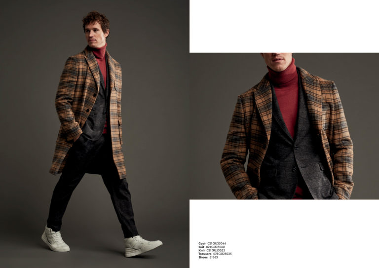 Gaudì Menswear FW21 lookbook: camel check wool overcoat over burgundy turtleneck and grey blazer, white sneakers – Leonardo Del Paggio, menswear designer