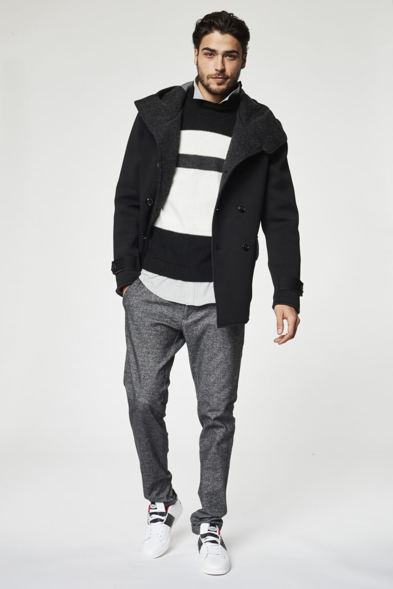 Gaudì Menswear FW20 lookbook: black hooded peacoat over black and white striped sweater with grey wool trousers – Leonardo Del Paggio, menswear designer