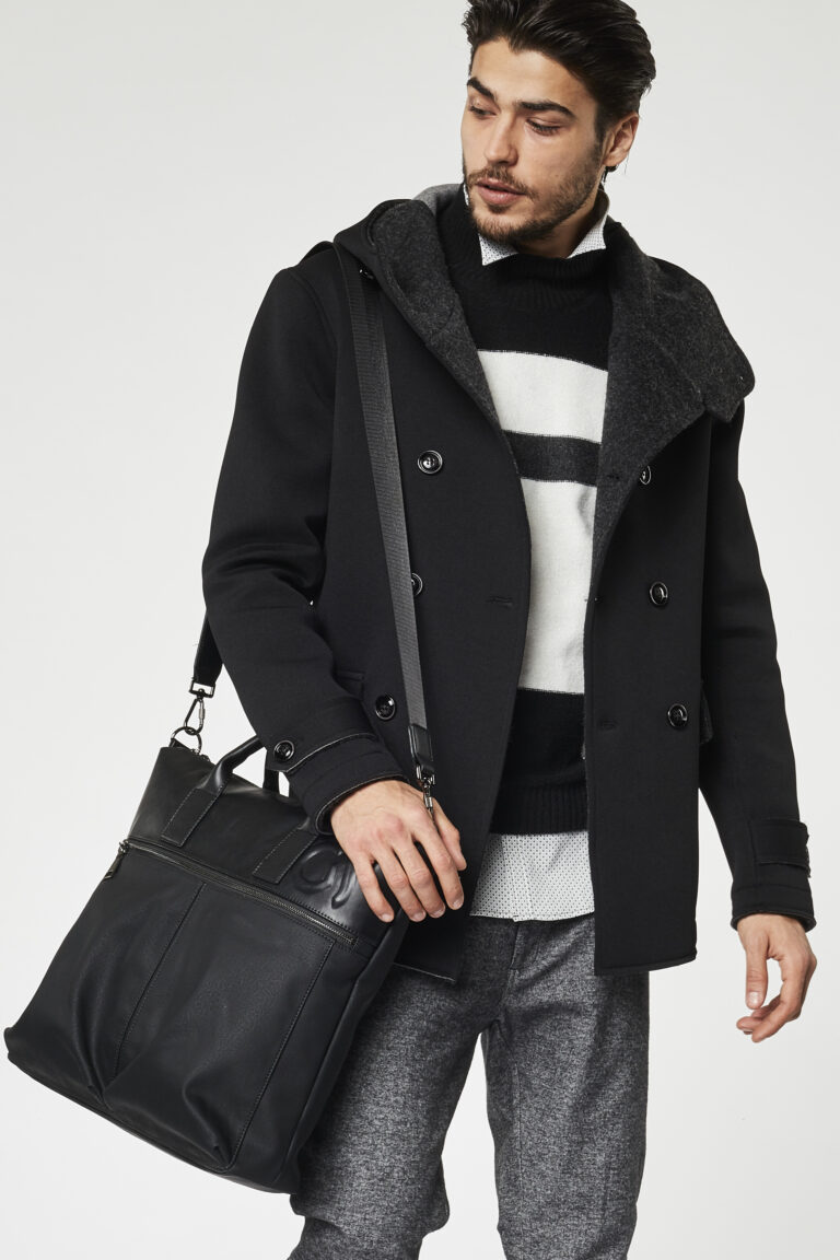 Gaudì Menswear FW20 lookbook: black wool hooded peacoat with striped knit and black leather tote bag – Leonardo Del Paggio, menswear designer