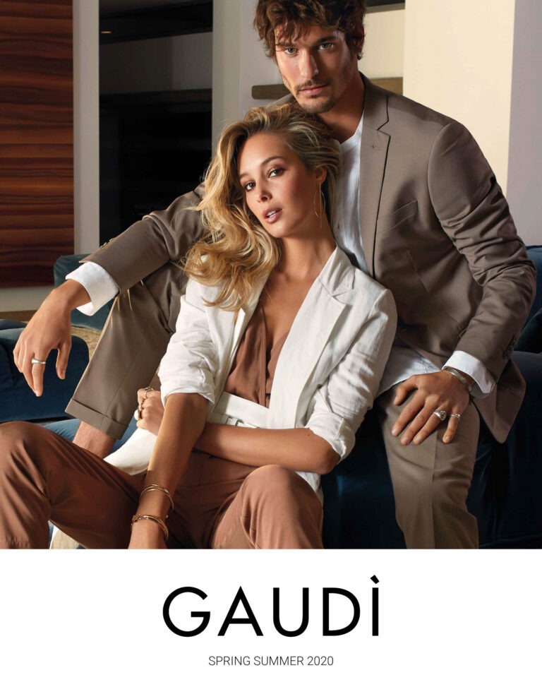 Gaudì SS20 campaign cover: taupe cotton suit with camel shirt, couple shot with white blazer womenswear look – Leonardo Del Paggio, menswear designer