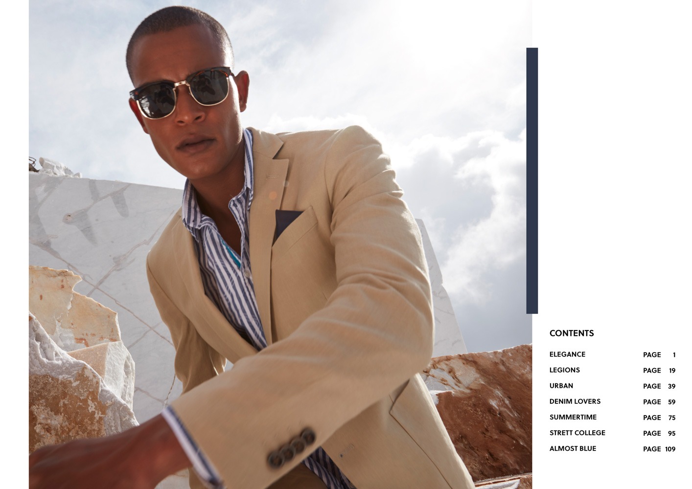 Gaudì Menswear SS22 lookbook cover: sand cotton blazer over blue striped shirt with sunglasses, shot in a marble quarry – Leonardo Del Paggio, menswear designer