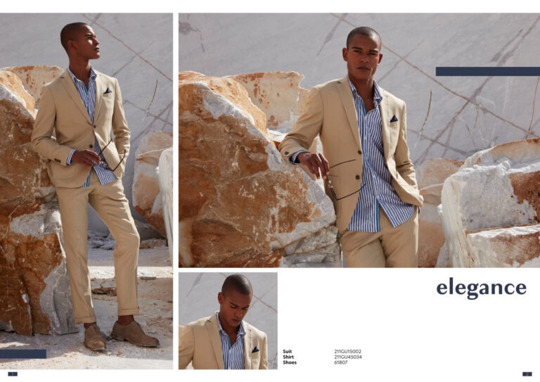 Gaudì Menswear SS22 lookbook, Elegance chapter: beige unlined suit with striped shirt and pocket square, marble quarry location – Leonardo Del Paggio, menswear designer