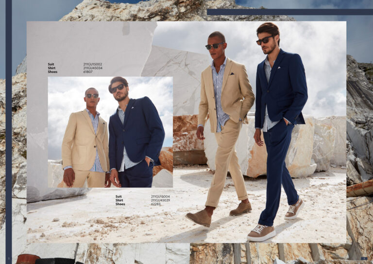 Gaudì Menswear SS22 lookbook: sand and navy summer blazers with cropped trousers and white sneakers, duo shot on marble blocks – Leonardo Del Paggio, menswear designer