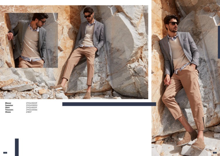 Gaudì Menswear SS22 lookbook: light grey blazer over camel sweater with tan chinos, tonal beige tailoring – Leonardo Del Paggio, menswear designer