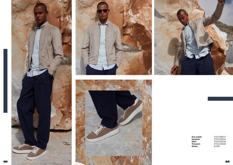 Gaudì Menswear SS22 lookbook: beige linen blazer with navy wide-leg trousers and suede sneakers, detail shots – Leonardo Del Paggio, menswear designer
