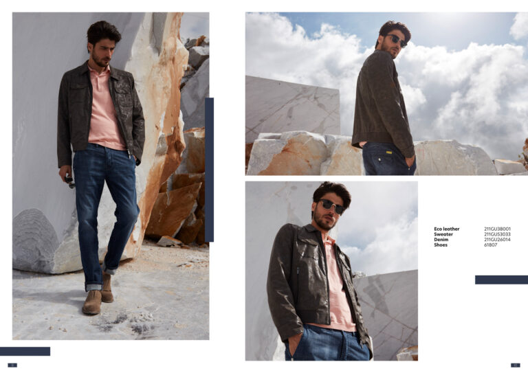 Gaudì Menswear SS22 lookbook: brown suede-effect jacket over pink tee with washed denim, and olive field jacket – Leonardo Del Paggio, menswear designer