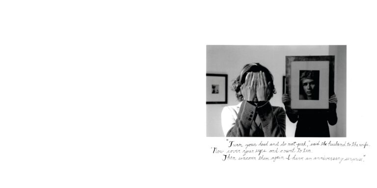 Against My Killer FW07 lookbook, Duane Michals style: black and white portrait hidden behind a framed photograph, handwritten caption – Leonardo Del Paggio, menswear designer