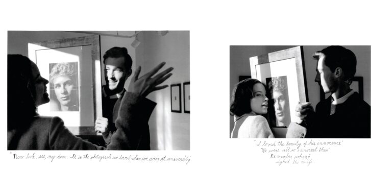 Against My Killer FW07 lookbook, Duane Michals style: black and white sequence in a gallery, couple in tailored jackets, handwritten text – Leonardo Del Paggio, menswear designer